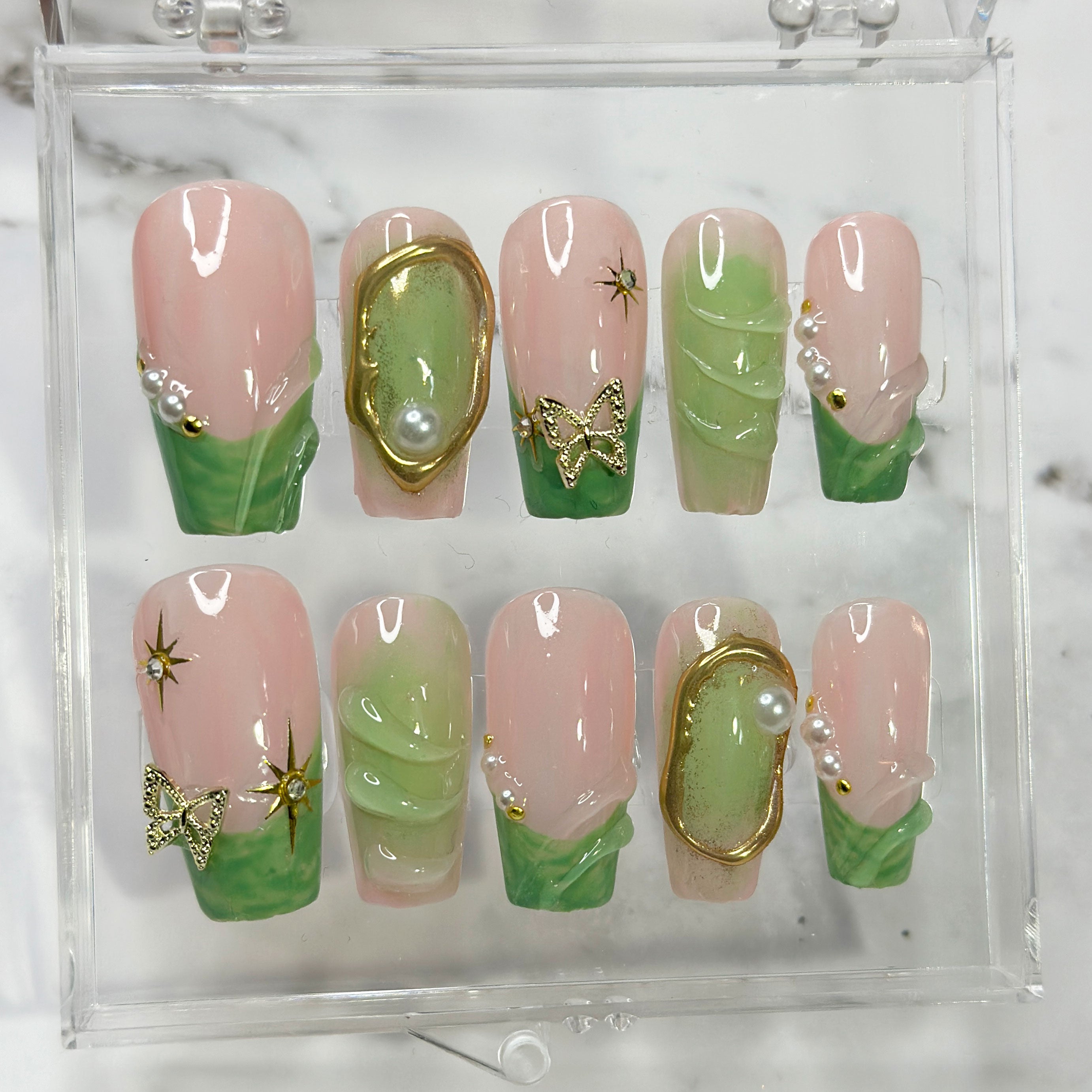 Fairy | Aura Green French Tips Butterfly Charms| Custom Press on Nail