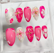 Hibiscus Blossom | Pink and White Nails with 3D Molded Flowers and Pearls | Custom Press on Nails