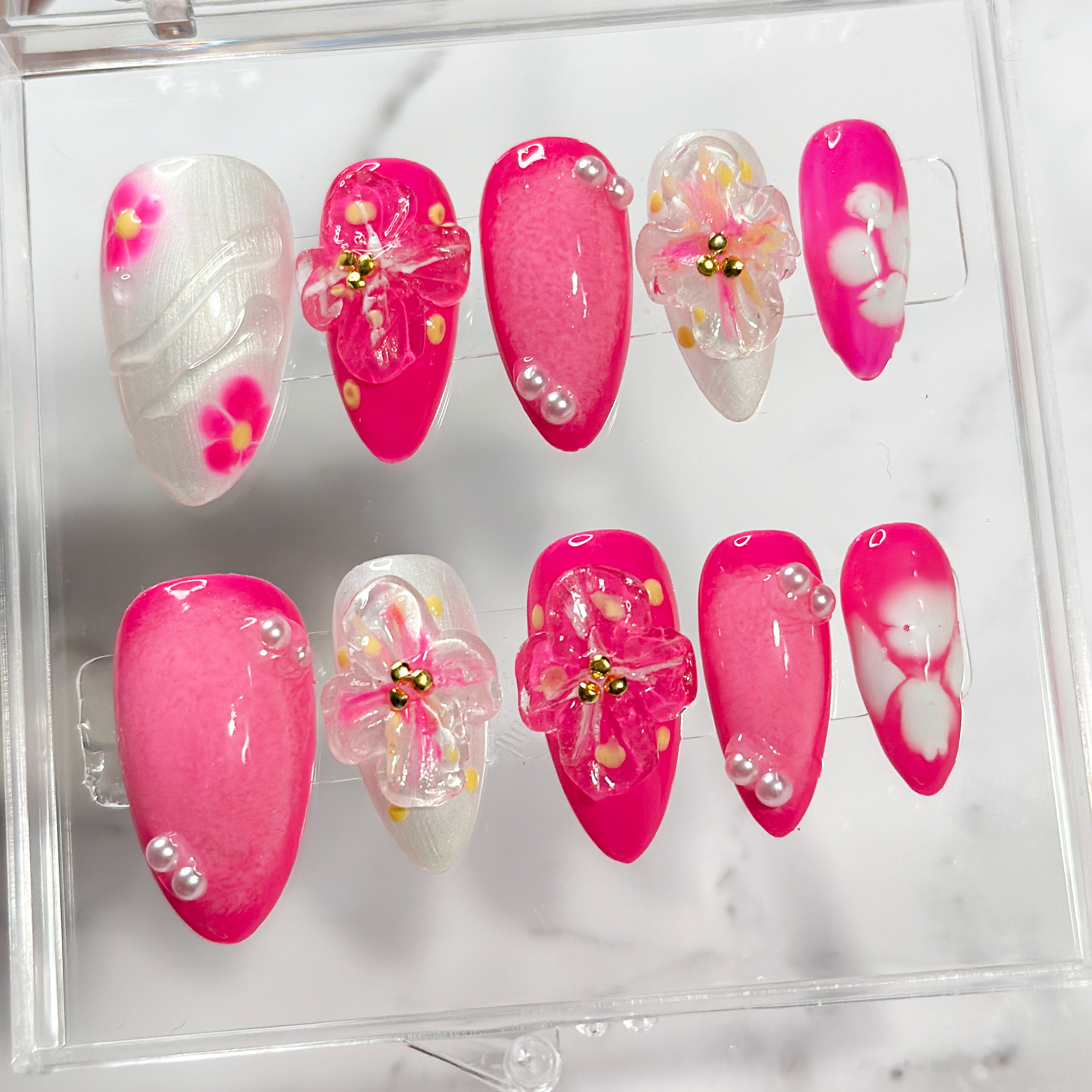 Hibiscus Blossom | Pink and White Nails with 3D Molded Flowers and Pearls | Custom Press on Nails