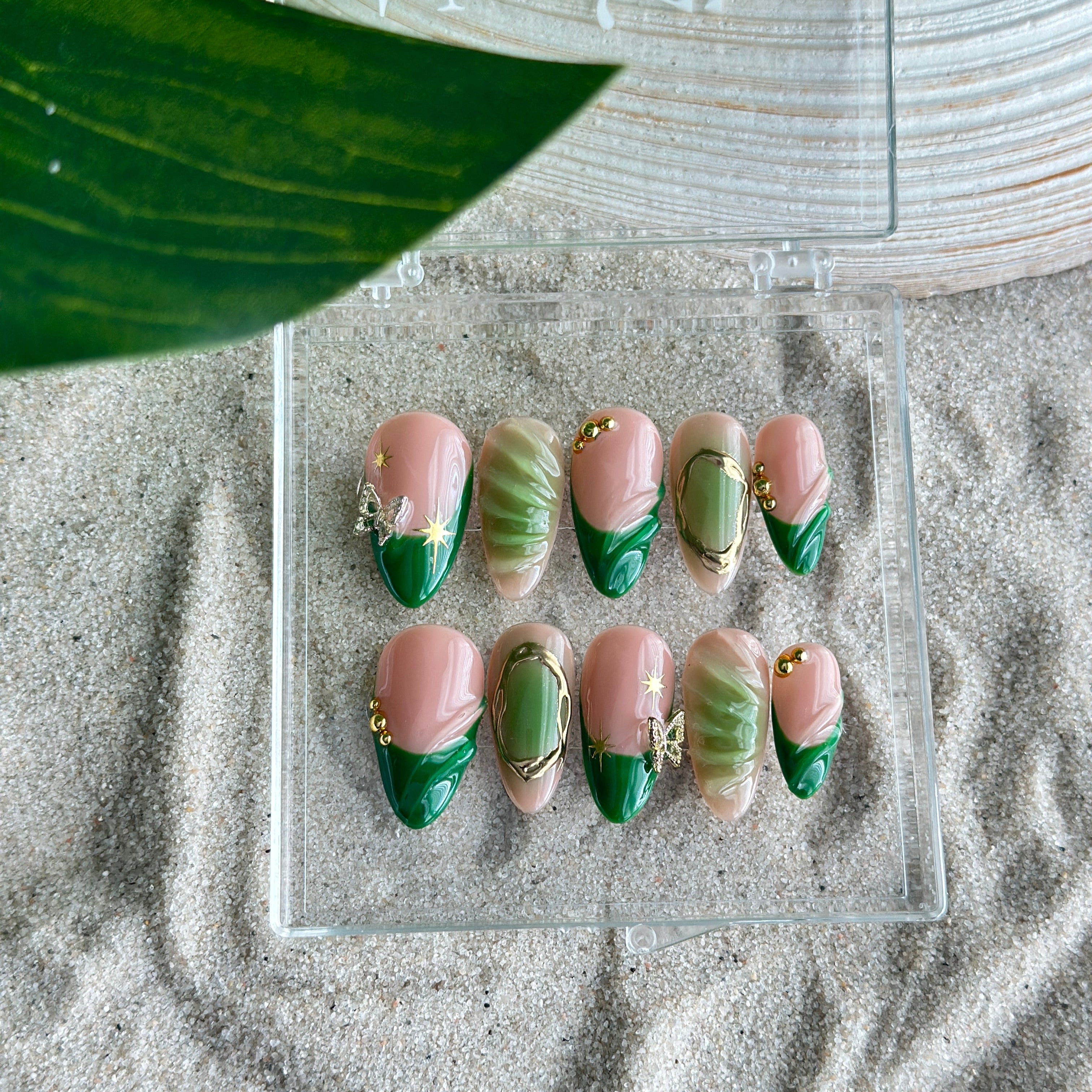 Fairy | Aura Green French Tips Butterfly Charms| Custom Press on Nail
