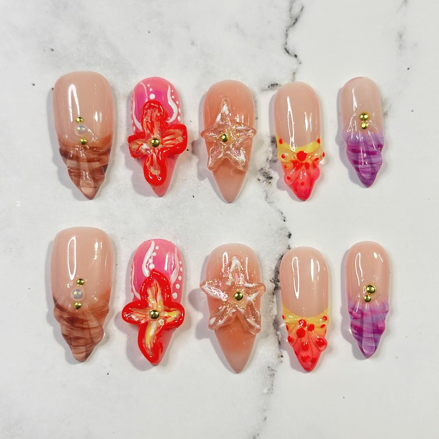 Maui | 3D Molded Gel Flowers Seashell Nails | Custom Press on Nails